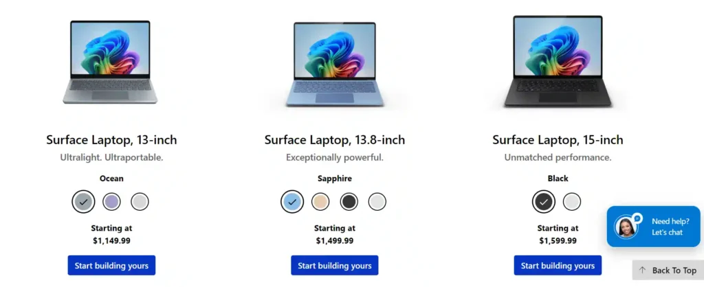 Microsoft Surface Laptop 2024 lineup showing 13 inch, 13.8 inch, and 15 inch models in different colors including Ocean, Sapphire, and Black with pricing details