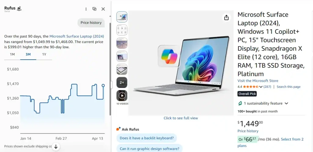 Microsoft Surface Laptop 2024 Amazon listing showing 15 inch model with Snapdragon X Elite processor, 16GB RAM, 1TB SSD and price history graph over 90 days