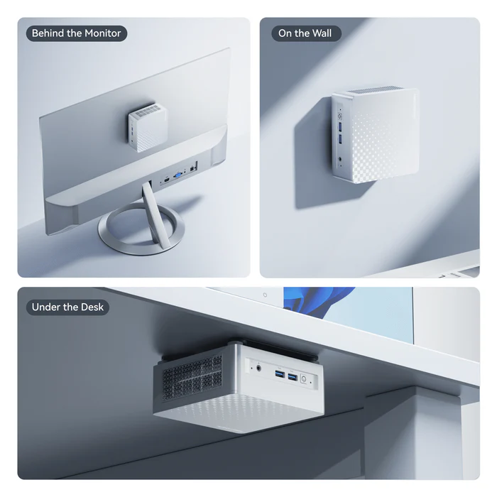MINISFORUM Elite M1 Lite-125U mounted behind monitor, on wall, and under desk