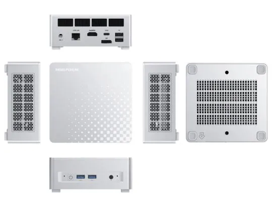 MINISFORUM Elite M1 Lite-125U mini PC showing top, bottom, side, and rear design perspectives