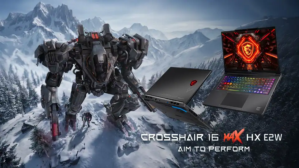MSI 2026 Gaming Laptops With RTX 50 GPUs and Up to 300W Power 1 MSI Crosshair 16 Max HX E2W gaming laptop displayed in action themed environment with mech robot and RGB keyboard highlighting gaming performance