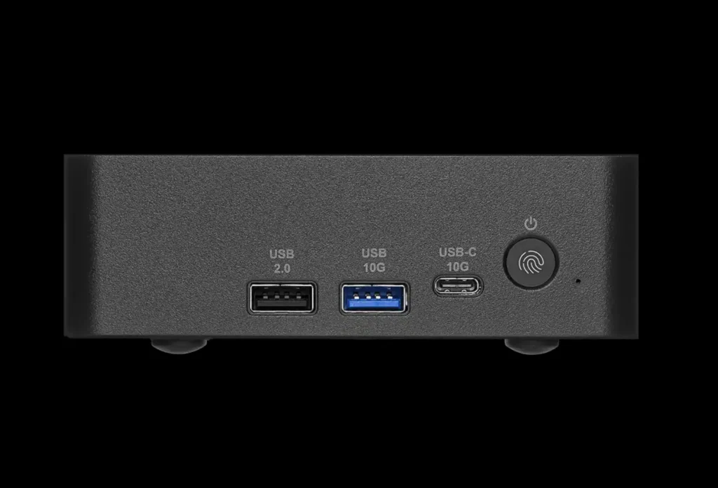 MSI Cubi NUC AI+ 3MG Mini PC Brings 100 TOPS, Core Ultra 9, Dual 2.5GbE 2 Closeup of front USB and power button ports on MSI Cubi NUC AI+ 3MG mini PC