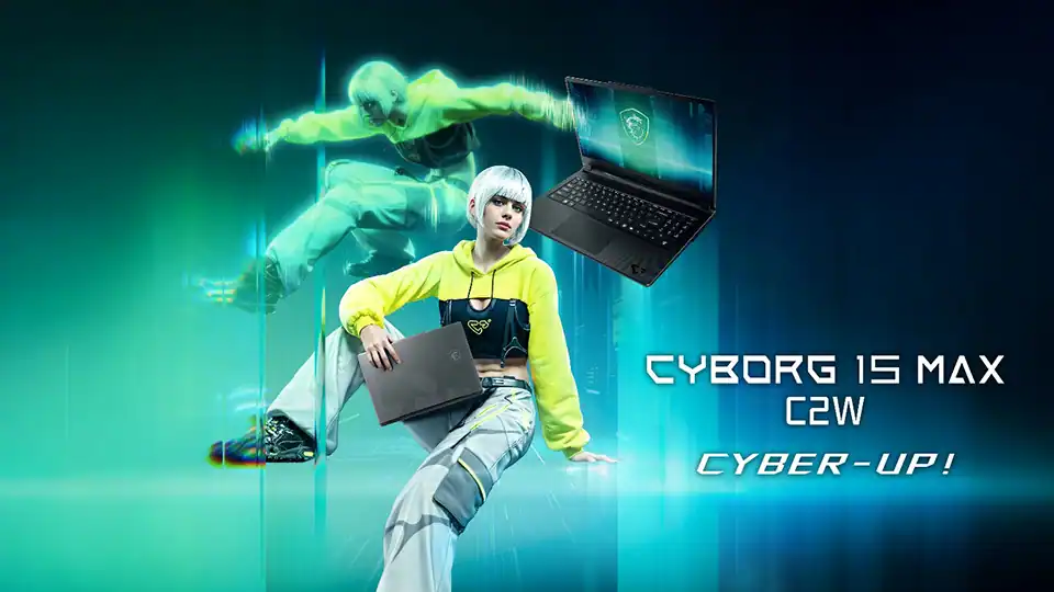 MSI 2026 Gaming Laptops With RTX 50 GPUs and Up to 300W Power 4 MSI Cyborg 15 Max C2W gaming laptop with futuristic cyberpunk theme showing slim design and RGB keyboard with floating holographic character