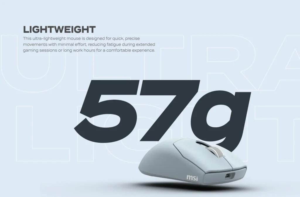 MSI FORGE GM340 Wireless Mouse feature image highlighting lightweight 57g body design
