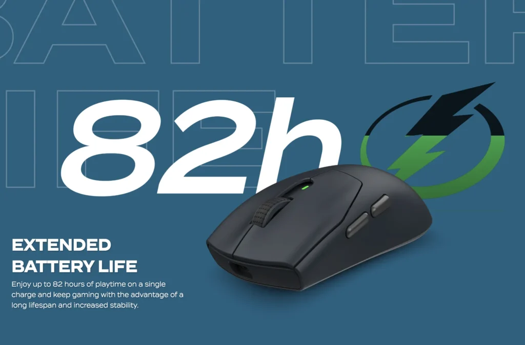 MSI FORGE GM340 Wireless Mouse feature image highlighting up to 82 hours battery life