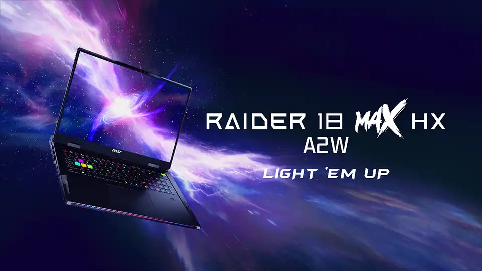 MSI 2026 Gaming Laptops With RTX 50 GPUs and Up to 300W Power 3 MSI Raider 18 Max HX A2W gaming laptop with large display, per key RGB keyboard, and high performance design shown with cosmic lighting effect