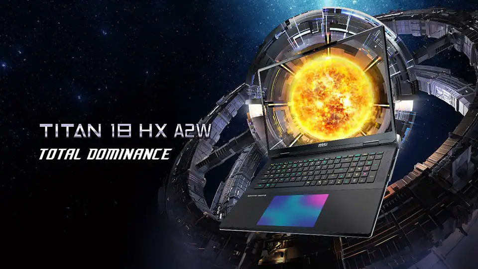 MSI 2026 Gaming Laptops With RTX 50 GPUs and Up to 300W Power 2 MSI Titan 18 HX A2W gaming laptop with massive chassis, RGB keyboard, and flagship performance design showcased with sci fi energy core background