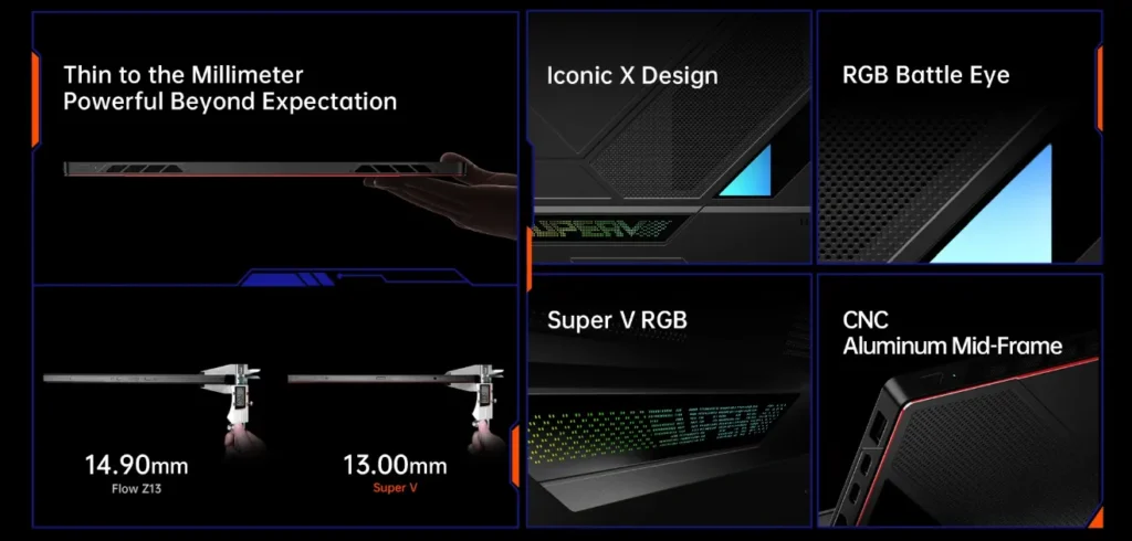 ONEXPLAYER Super V Laptop thin design comparison showing 13mm profile, RGB elements, and aluminum frame