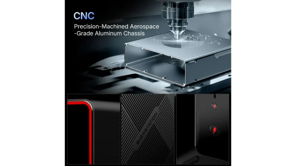 ONEXStation Mini AI Workstation showing CNC precision-machined aerospace-grade aluminum chassis construction