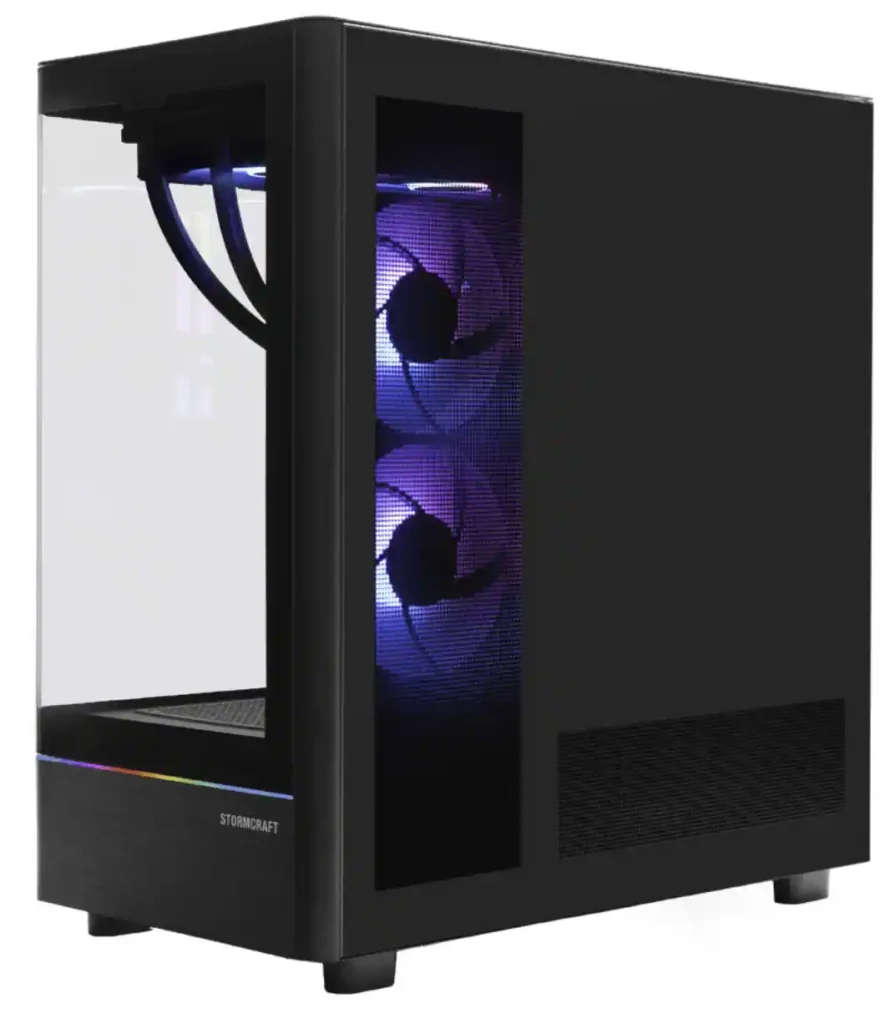 Black PHANTOM gaming PC case exterior with front RGB lighting and tempered glass side panel
