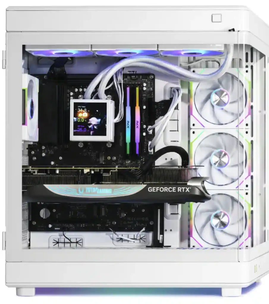 Interior view of PHANTOM PH270K0CC-57TW1 white gaming PC showing RGB fans liquid cooling and GeForce RTX graphics card