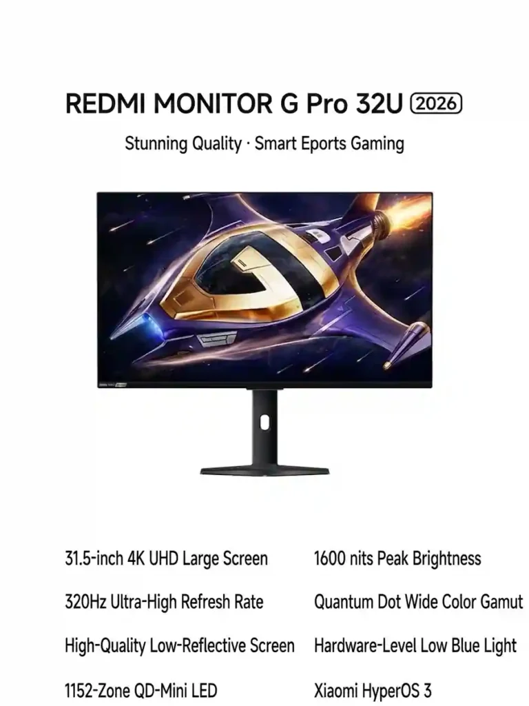 Redmi G Pro 32U 2026 Goes on Pre-Sale With 4K 160Hz Mini LED and 320Hz Mode 1 Promotional poster showing Redmi G Pro 32U 2026 monitor specifications and display features