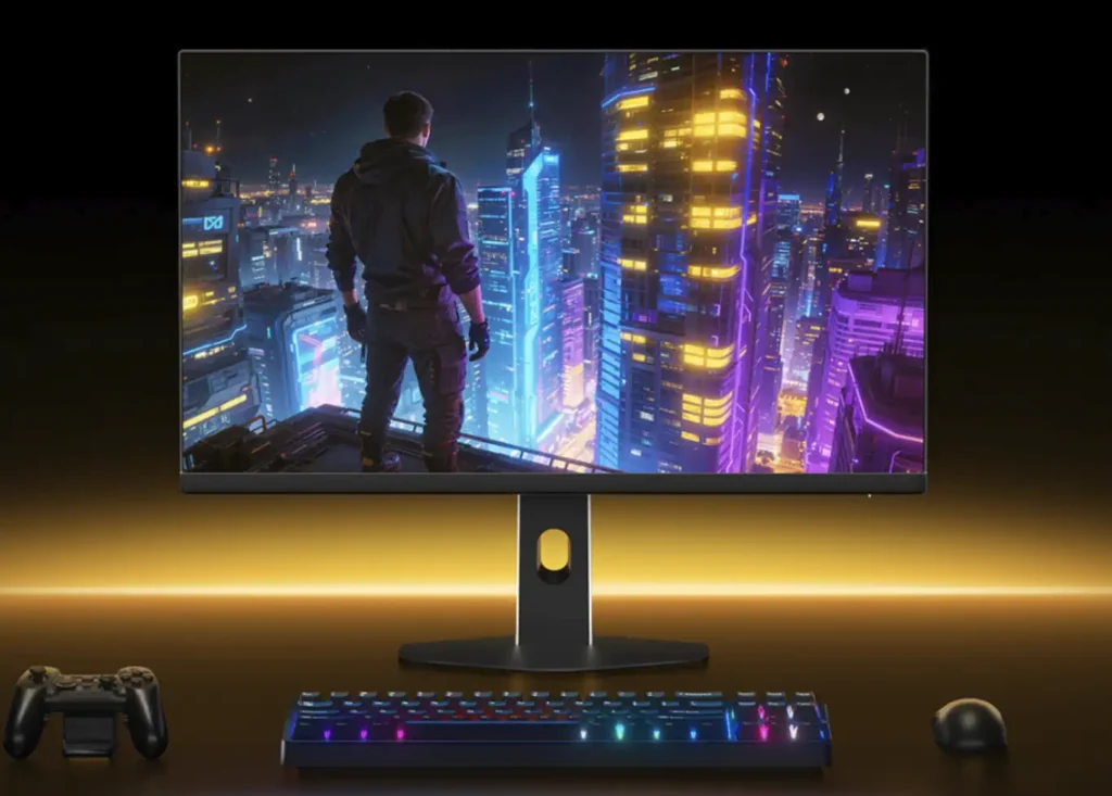 Redmi G24Q gaming monitor displayed in gaming desk setup with keyboard, controller, and mouse