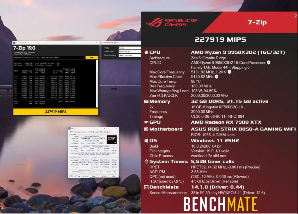 AMD Ryzen 9 9950X3D2 7-Zip benchmark score 227919 MIPS performance result