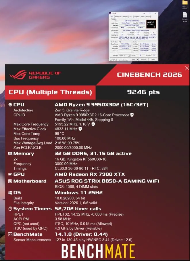 AMD Ryzen 9 9950X3D2 Cinebench 2026 multi-core score showing thermal throttling behavior