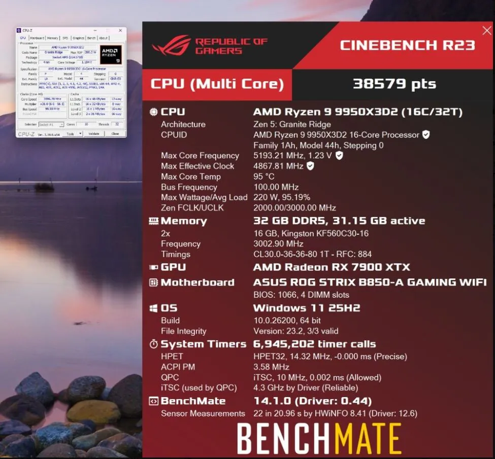 AMD Ryzen 9 9950X3D2 Cinebench R23 multi-core score 38579 points benchmark