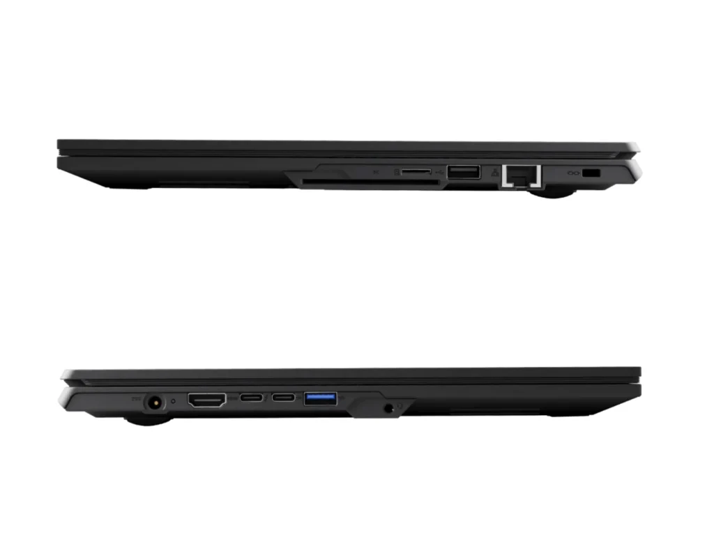 Schenker Connect 15 office laptop side profile showing ports including USB, HDMI, LAN, and card reader
