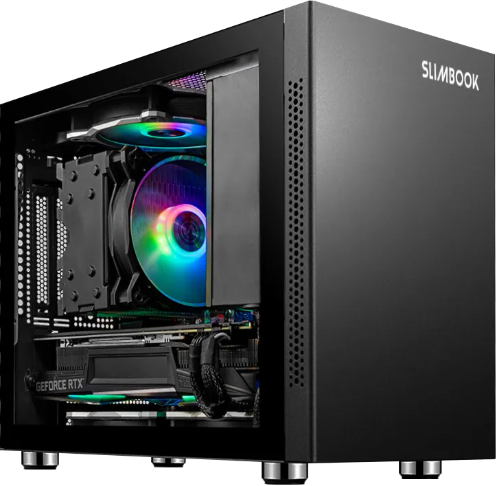 Slimbook Kymera Cristal PC showing internal components with RGB fans and graphics card installed