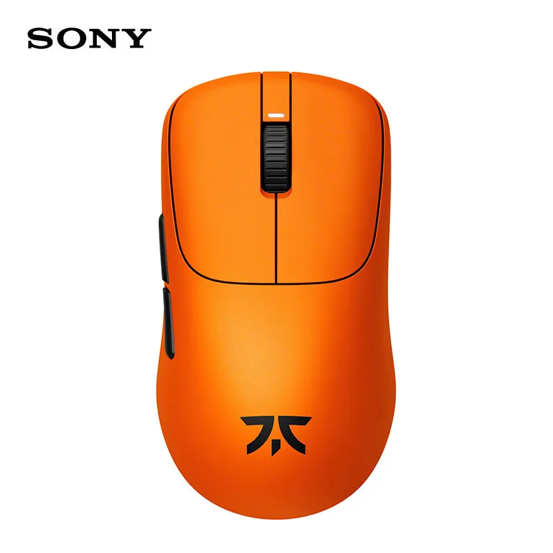 Sony INZONE G500 Fnatic Edition gaming mouse in orange color top view showing scroll wheel, dual buttons, and esports lightweight design