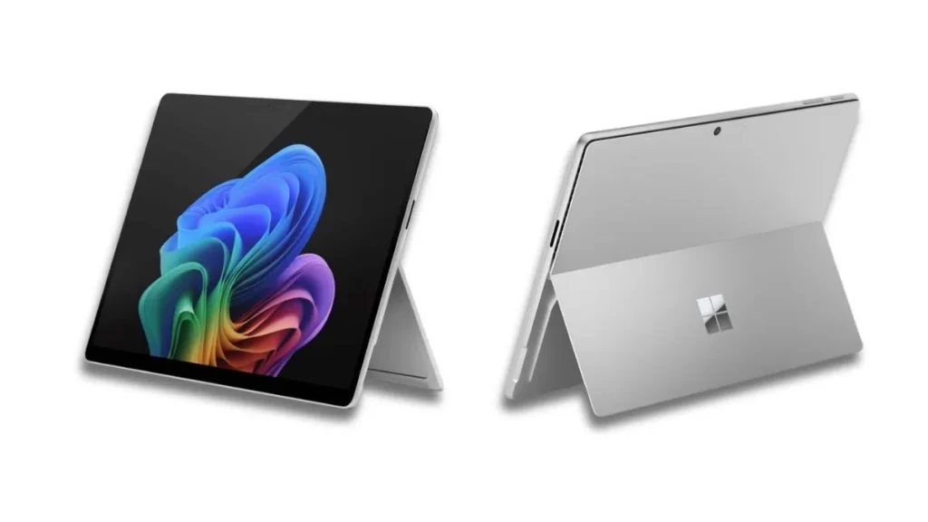 Microsoft Surface Pro 12 in tablet mode with kickstand showing hybrid design