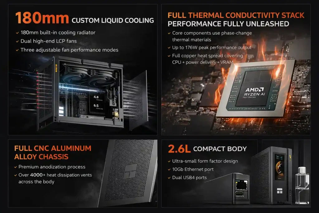 Thermalright AI HydroNous R1 Mini PC listed with Ryzen AI Max+ 395 and Liquid Cooling 1 Thermalright AI HydroNous R1 mini PC showing liquid cooling system, thermal stack, and aluminum