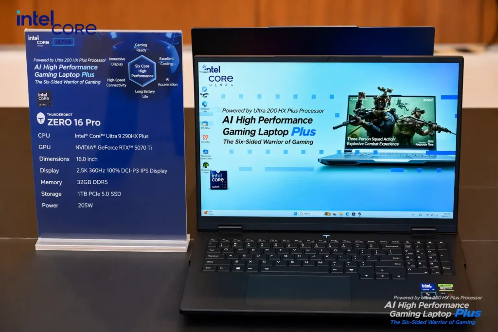 Thunderobot ZERO 16 Pro 2026 gaming laptop displayed with Intel Core Ultra platform board showing specs including RTX 5070 Ti GPU, 2.5K 360Hz display, and 205W performance