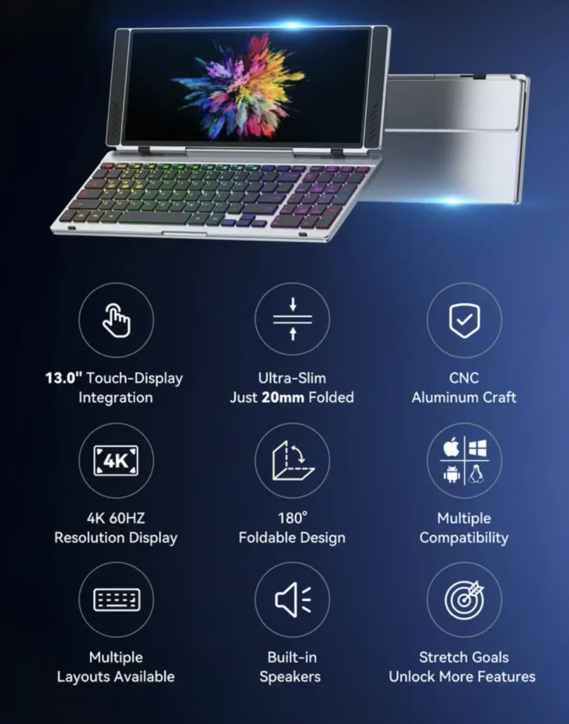 VitaLink 13-Inch 4K Touchscreen Keyboard shown with feature icons for display, foldable design, and compatibility
