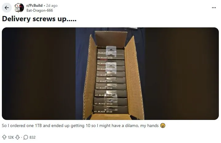 Screenshot showing multiple WD Black SSD units received in one delivery shared on Reddit