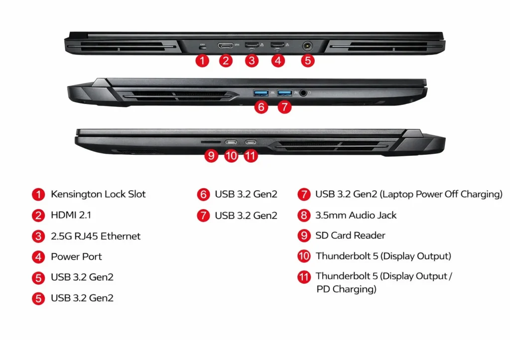 X98W workstation laptop ports diagram showing HDMI, USB, Ethernet, Thunderbolt, and audio ports