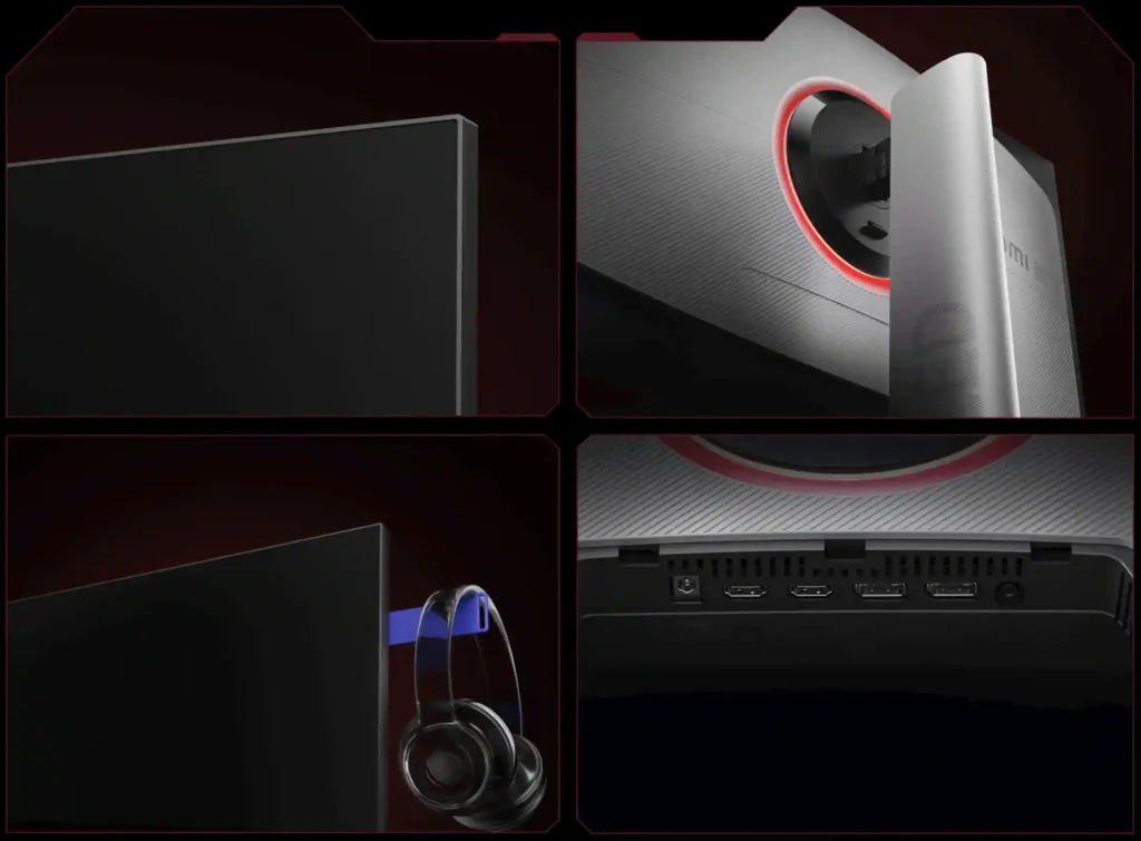 Xiaomi G Pro 27Qi 2026 Goes Global With 2,000-Nit Mini LED for €349 1 Close-up collage of Xiaomi G Pro 27Qi 2026 gaming monitor showing slim bezels rear RGB ring and connectivity ports