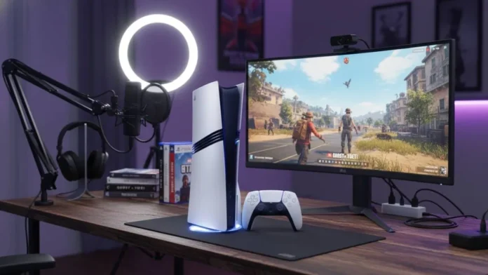 Sony PlayStation 5 Pro console placed on a gaming desk with DualSense controller and monitor