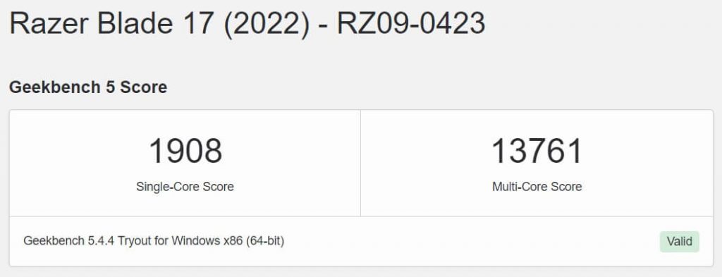 Razer Blade 17 2022 Geekbench Score