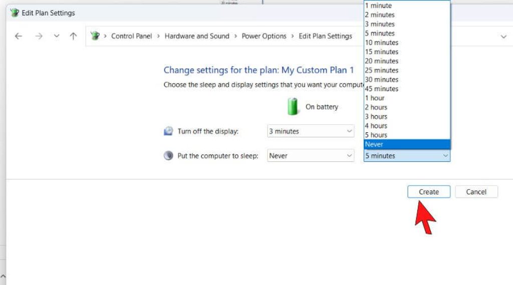 Control Panel Hardware and Sound Power Option Create Power Plan to Never