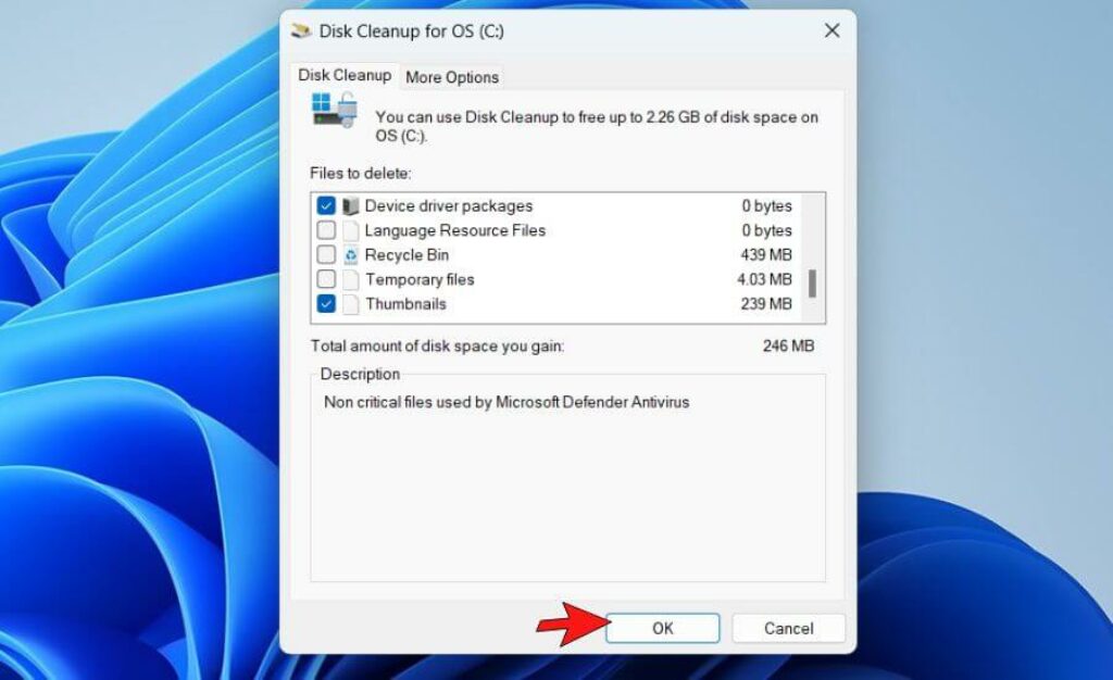 Disk Cleanup settings clean up system files previous installed files
