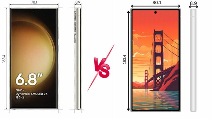 Samsung Glaxy S23 vs S24 Ultra dimension