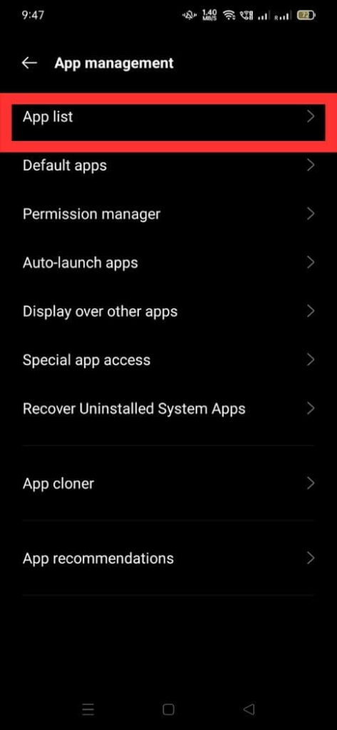 screenshot of app management setting of mobile