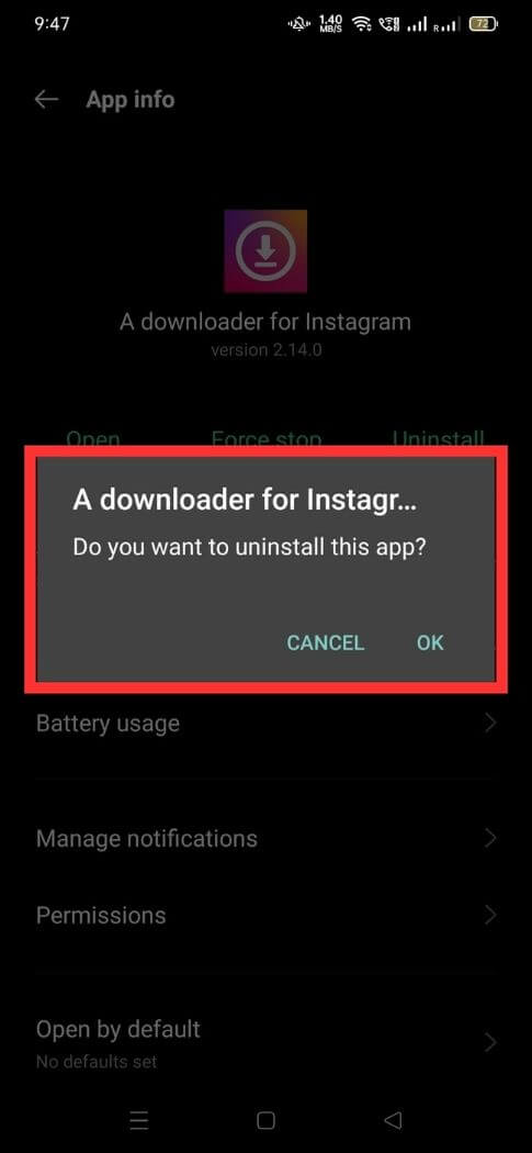 screenshot of app uninstall of mobile