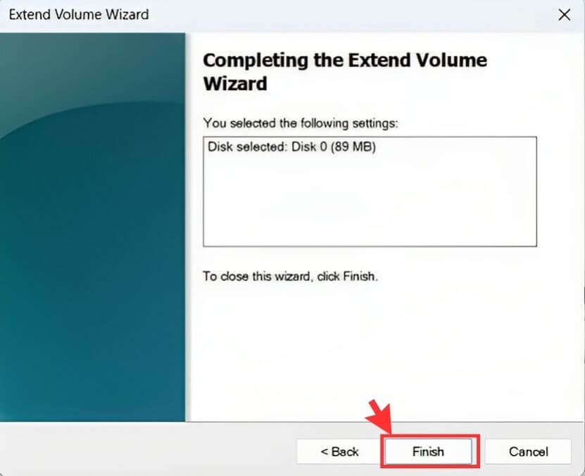 Extend Volume Wizard window Finish
