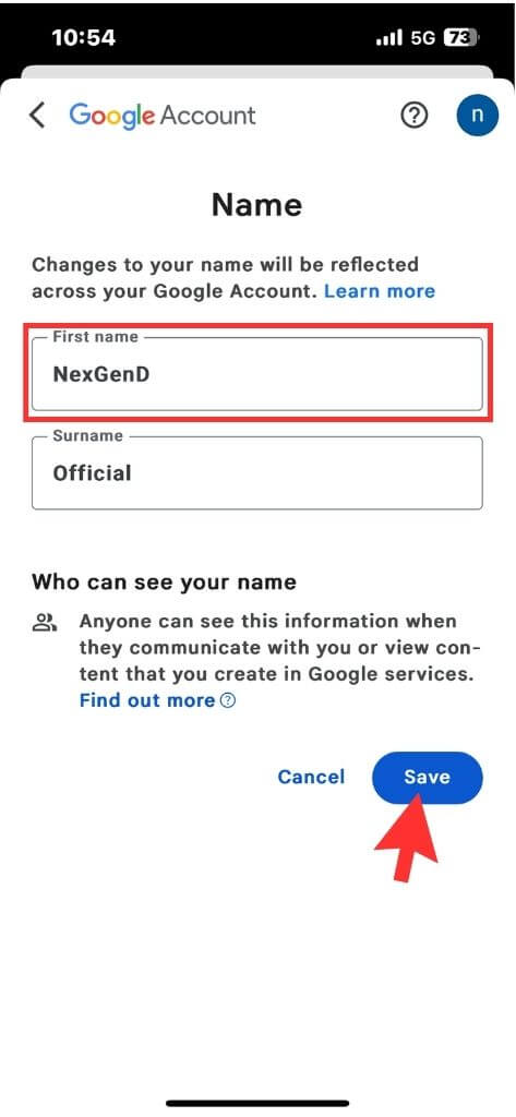 Gmail Name Changed on iPhone