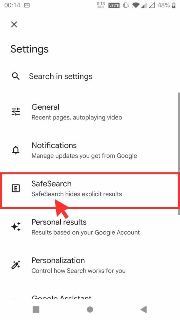 Google App SafeSearch Settings