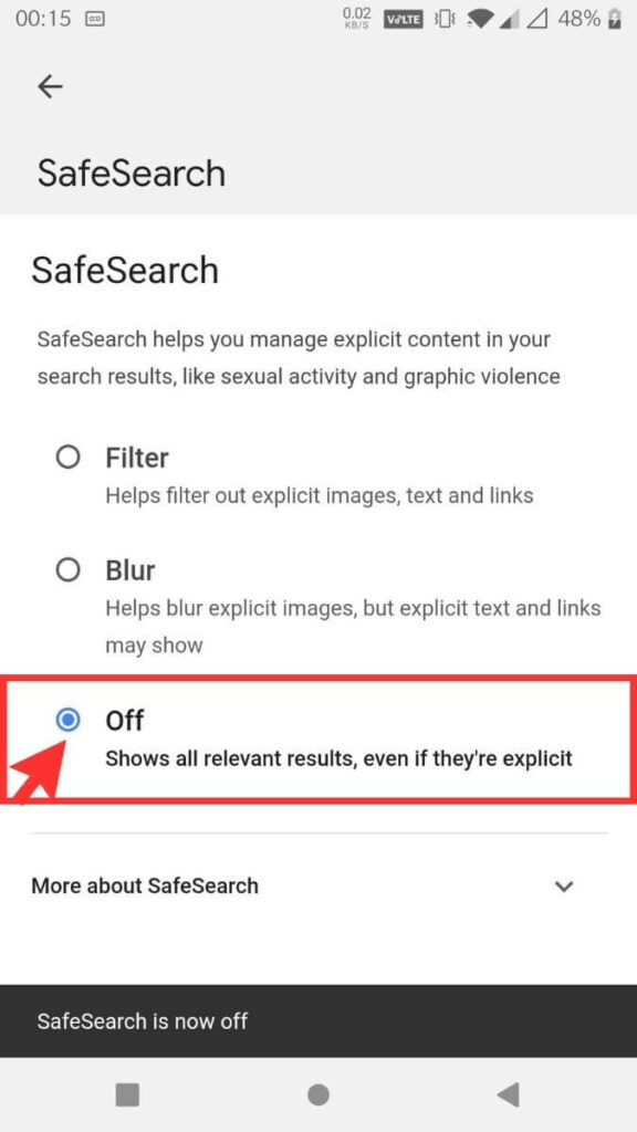 Google SafeSearch off on Google App