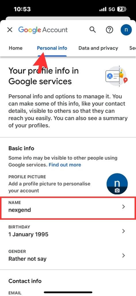Personal info on google account