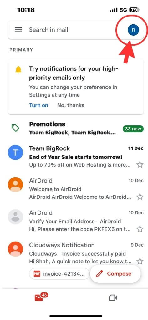 Tap your profile picture on Gmail