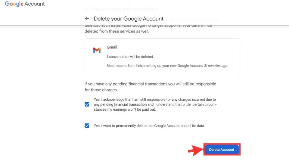 Check the Boxes and delete google account