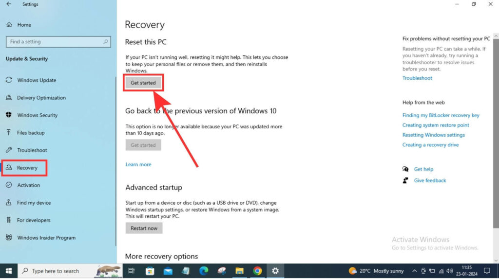 Screenshot of click on recovery-and-get-started-to-reset-this-PC-windows-10