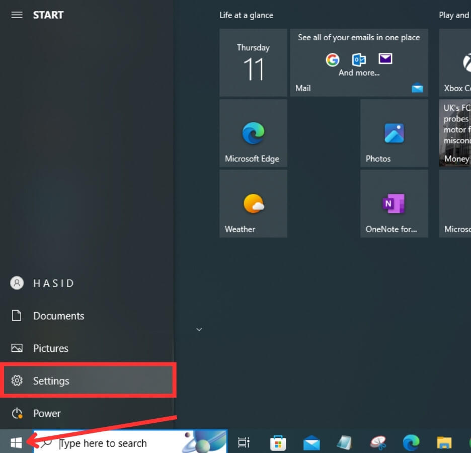 Screenshot of click-on-start-and-settings-windows-10