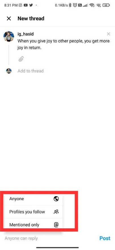 Who can Reply Settings on Threads App 2