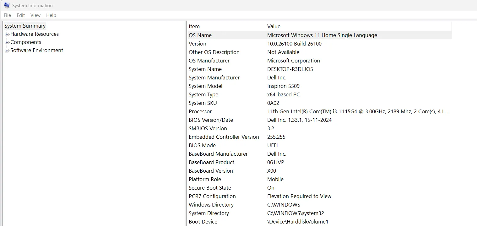 system information summary