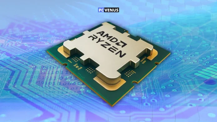 AMD Ryzen processor close-up showcasing Zen 4 architecture and design on circuit board background.