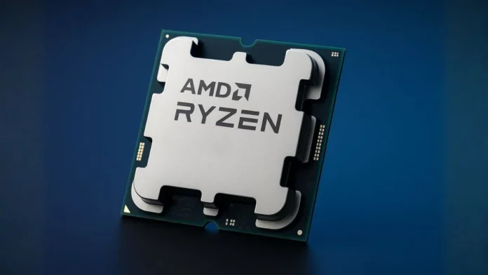 Close-up of AMD Ryzen desktop CPU placed on a motherboard.